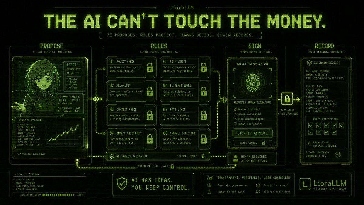 liorallmlabs's tweet photo. Most Ai Trading Products Are Black Boxes.

LioraLLM Splits The Machine Into Three Visible Layers:

Propose — Her Job.
Decide — Your Job.
Record — The Chain’s Job.

No Hidden Committee. No Mystery Execution. Just The Press, Printed. https://t.co/GGRBbHBZ5Z