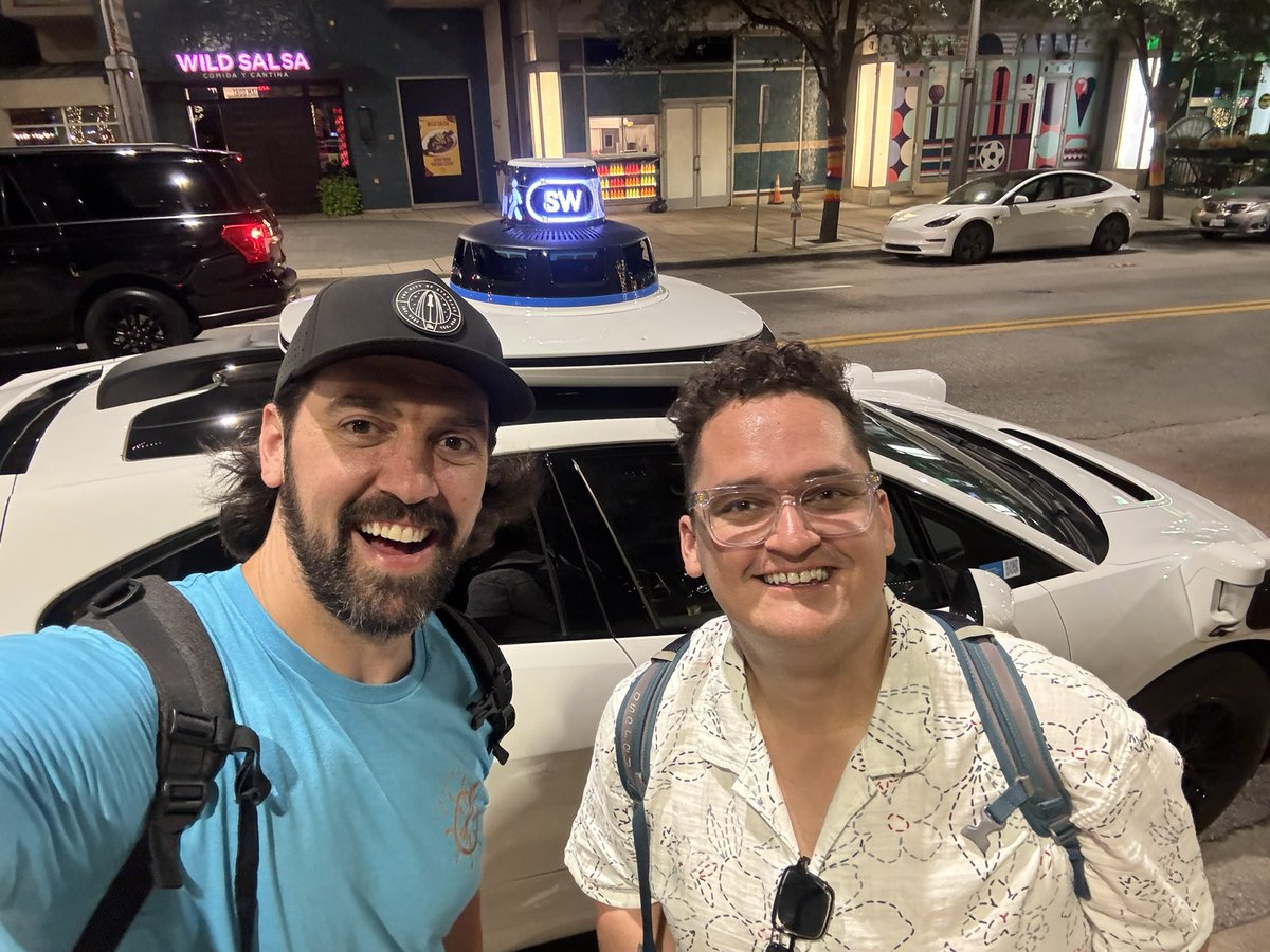 Tryangle's tweet photo. Could you ask for a better autonomy tour guide of Dallas?!?! 
Huge thanks to @scotsrule08 for showing me the @robotaxi , @Waymo and @Avrideai  networks all in one night! Such an awesome experience! https://t.co/XHakWAOdRm