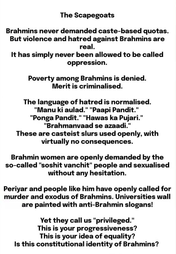 Anviksha_'s tweet photo. According to Dalit influencers and activists, abusive remarks and caste-based comments against Brahmins are justified because they are an upper caste, whereas caste-based comments against SC/STs are illegal because they are lower.

And we call this constitutional equality. 🤡 https://t.co/OxWxjQOFX1