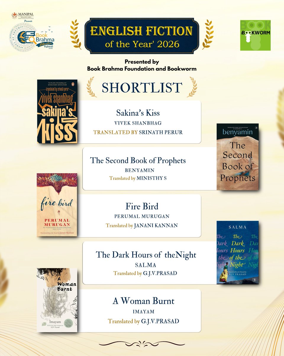 BBLitfest's tweet photo. The Shortlist is Here! 📚
Presenting the English Fiction of the Year 2026 Shortlist by Book Brahma Foundation & Bookworm.
Celebrating remarkable stories and powerful translations.
#BBLF2026 #EnglishFictionOfTheYear2026 #TranslationAward #LiteraryRecognition #Finalists https://t.co/GqfkBVy0n5