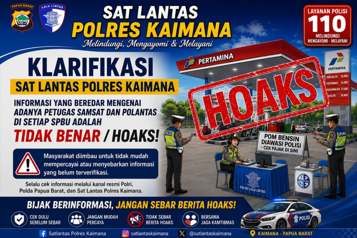 LTSKAIMANA2209's tweet photo. Pengumuman Satlantas Polres Kaimana Menanggapi Isu *HOAKS* Yang Beredar

#satlantaskaimana #dikmaslantaspolri #irsmm #lalulintas #rasirosakorlantas #ntmc_polri #ditlantaspoldapapuabarat #kaimana #pelayananpublik #polripresisi #polreskaimana #polantashadir #polriuntukmasyarakat https://t.co/a0fPr1MaJP