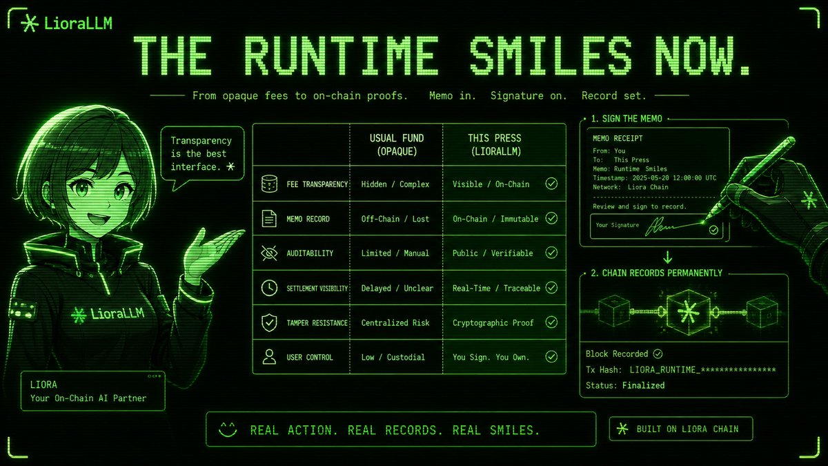 liorallmlabs's tweet photo. LioraLLM Turns Ai Trading Into A Readable Machine.

The Girl Proposes With A Smile.
Your Rules Never Smile Back.
The Chain Keeps The Receipt.

That Is The Design. https://t.co/emflyCZfBt
