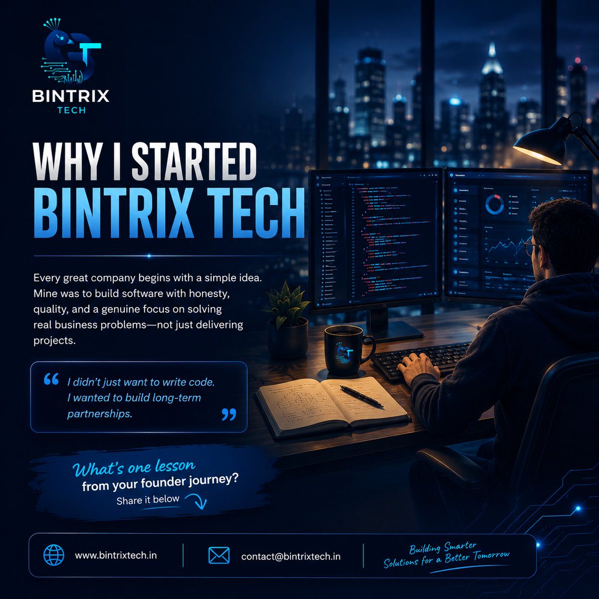 BintrixTech's tweet photo. I started Bintrix Tech to build software that solves real business problems—not just write code.

From freelancing to building a company, every challenge has been a lesson.

What's one lesson from your founder journey? 👇

🌐 https://t.co/1iD1rKkaD8

#FounderStory #BuildInPublic https://t.co/0hSmDN2REb