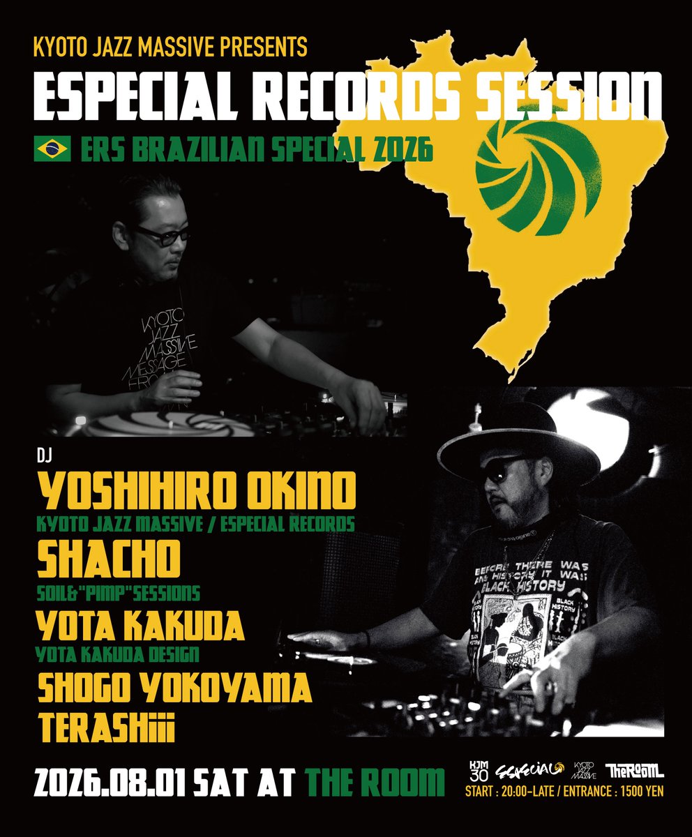 kyotojazzmassiv's tweet photo. 今週末8/1(SAT)はThe Roomのレギュラーナイト”ESPECIAL RECORDS SESSION”にて毎夏恒例の”ブラジリアン・スペシャル”が開催です！

★2026.08.01 (SAT) at The Room. Shibuya Tokyo

"ESPECIAL RECORDS SESSION"
ERS BRAZILIAN SPECIAL 2026

START : 20:00-LATE
ENTRANCE FEE : 1500yen https://t.co/rPGfok5Roj