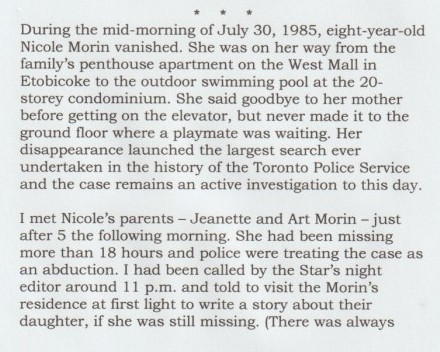 MissingFindMe's tweet photo. July 30, 1985 is the anniversary of the disappearance of Nicole Morin in Etobicoke. The book - My Life as a Reporter - details how the story was covered in the initial days and continues to be a news story that has never been forgotten. Excerpt page 359.  https://t.co/RFUOyffClQ https://t.co/JMCAfssNm0