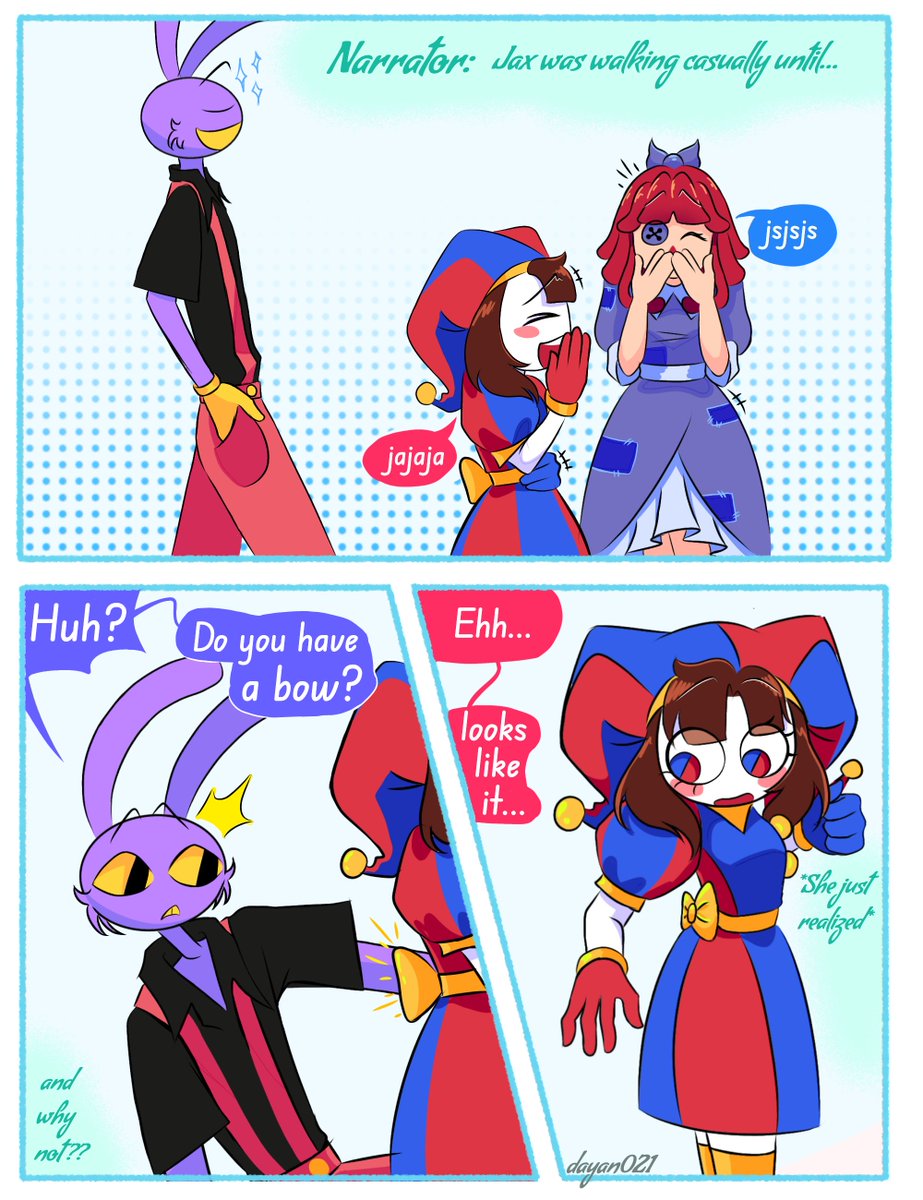 dayanart_021_'s tweet photo. The bow✨ part 1
I think it took me a long time, sorry. Besides, I really wanted to draw Kinger like this, haha. I hope you like it.   
#jax #pomni #tadcpomni #tadcㅤ #theamazingdigitalcirus #tadcfanart #tadcfandom
#jax_tadc #jaxfanarts #ragatha https://t.co/tcdbu6m2bz