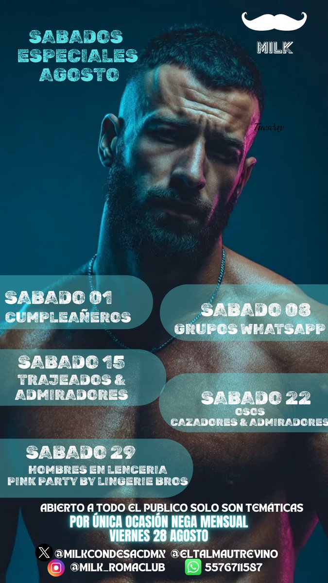 MILKCONDESACDMX's tweet photo. 🔥SABADO 1 AGOSTO

〰️Milk
🚇CHILPANCINGO

🎂SABADO CUMPLEAÑEROS

🩲ACCESO ROPA INTERIOR
💳TARJETA Y EFECTIVO

🎂 CUMPLEAÑEROS DEL MES GRATIS JULIO Y AGOSTO CON INE + 2 CORTESIAS +LISTA DE INVITADOS CON DESCUENTO 

🔄RT Y PARTICIPA EN CORTESIA
TREVIÑO https://t.co/ecCTJ1j586

🎁GRATIS 
🍆VERGONES
🎁5 TARJETAS
🥛COMPRANDO POPPERS