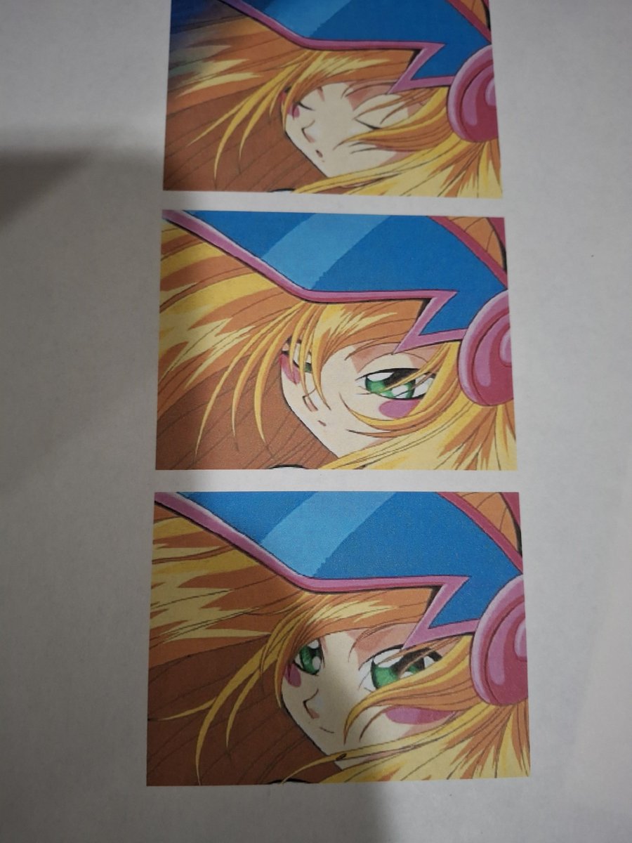 One51Silent's tweet photo. Was looking through my old storage containers and found this gem. Young me printed out 16 pages of each frame of Dark Magician Girl's anime debut. https://t.co/d5XO1EihG1