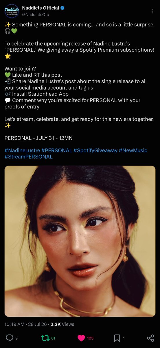 chchsdrfngrl's tweet photo. @NaddictsOfc After so many years, Nadine is finally back in her music era. I've always loved her music and can't wait to stream PERSONAL later. Always here to support you, Nadine. ❤️

#NadineLustre #PERSONAL #SpotifyGiveaway #NewMusic #StreamPERSONAL https://t.co/zLR1cVKeFy
