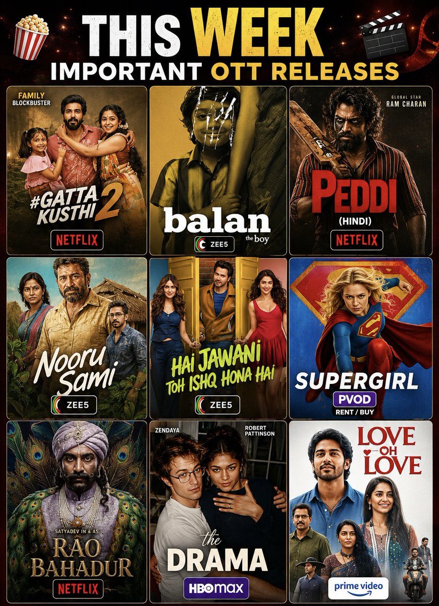 Dir_Suresheav's tweet photo. This Week OTT Rls - July 31🍿
#GattaKusthi2 (T) - Netflix
#BalanTheBoy (M) - Z5
#LoveOhLove (T) - Prime
#RaoBahadur (Tl) - Netflix
#Deewana (Tl) - Aha
#BlackBag (E) - Hotstar
#Azadi501 (Tl) - Aha Series
#ObjectionMyLord (Tl) - Z5
#Paithalattam (M) - Sunnxt
#TheDevilsMouth (E) - Prime
#ChinnaChinnaAasai (M) - Hotstar
#HaiJawanitohIshqHonaHai (H) - Z5
#TheDevilWearsPrada2 (E) - Hotstar
#HeartBeat S3 (T) - Hotstar Series
#APrivateLife (English) - Netflix
#SecondMarriage (Tl) - Etv Win
#WildSing (Korean) - Netflix
#TheDrama (E) - HBO Max
#GhostTrain (Korean) - Prime
#FindYourFriends (E) - Hotstar
#Other (French) - AmazonPrime
#Chicago PD (E) - Netflix Series
#Wrath (Portugese) - Netflix Series
#Aoashi (Japanese) - Netflix Series
#TheNightFall (Turkish) - Prime Series
#FinalProject (Spanish) - Netflix Series
#CanYouKeepASecret? S1 (E) - Hotstar Series
#TheBombingOfPanAm103 (E) - Netflix Series
#ForbiddenWoman (Columbian) - Netflix Series
#TheIdahoMurdersCollegeNightmare S1 (E) - Netflix Series