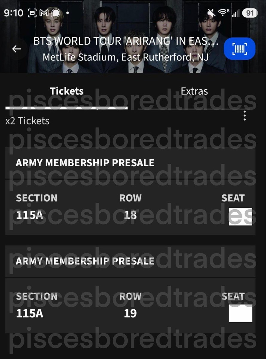 mangiestar's tweet photo. WTS / selling bts metlife day 2 

helping a friend sell, if you’re interested dm her on insta. 
ig: piscesboredtrades

Day 2 for $539.40 row 18 and $479.40 row 19 (fv bought during presale) https://t.co/LhjFncDbmC