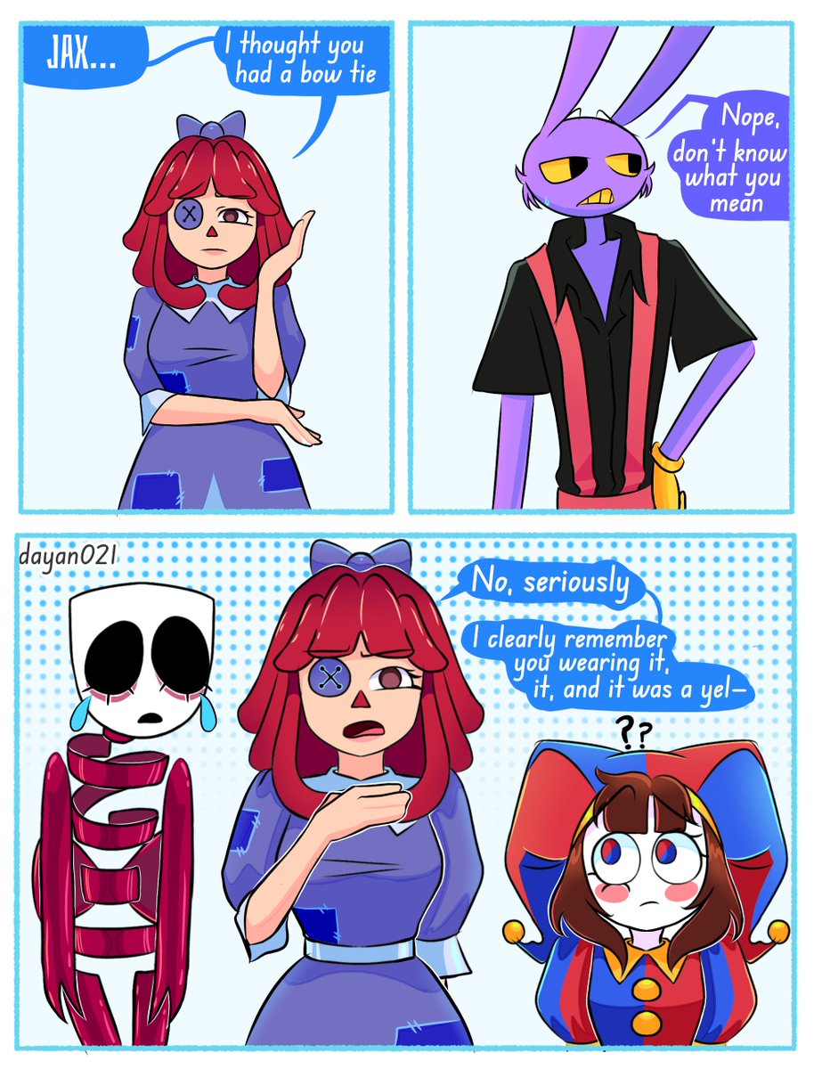 dayanart_021_'s tweet photo. The bow ✨ part 2
This chapter is short but it's honest work hahaha
#jax #pomni #tadc #pomnitadc #theamazingdigitalcirus #tadcfanart #tadcfandom
#jax_tadc #jaxfanarts #ragatha https://t.co/af0joiKY9p