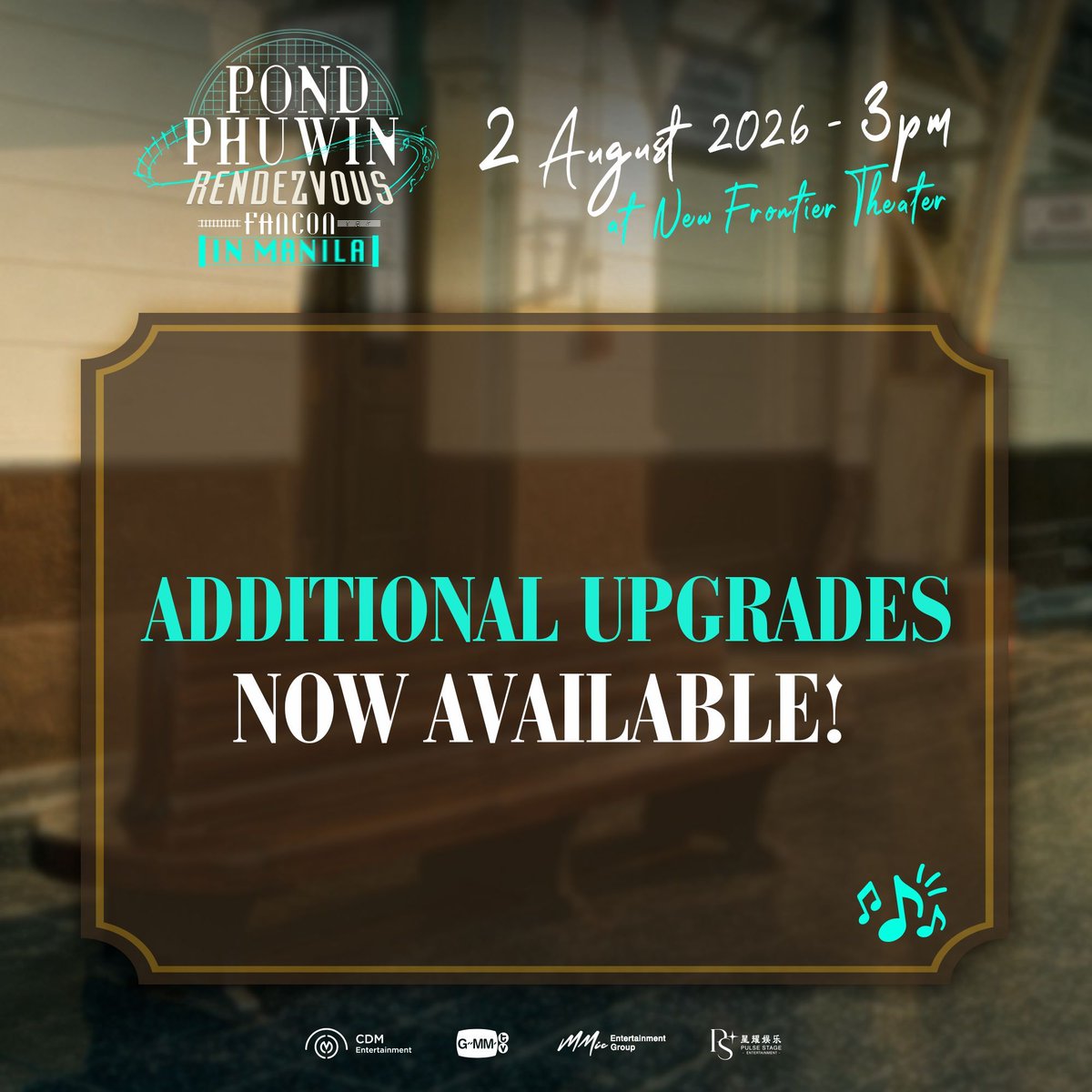 cdmentph's tweet photo. ADDITIONAL UPGRADES NOW AVAILABLE!

🎟️: https://t.co/13eOnjjQWC

#PondPhuwinRendezvousInPH 
#phuwintang #ppnaravit 
#ปอนด์ภูวินทร์ #PondPhuwin
#GMMTV #MMIC #CDM https://t.co/jzuJjQ0tSC