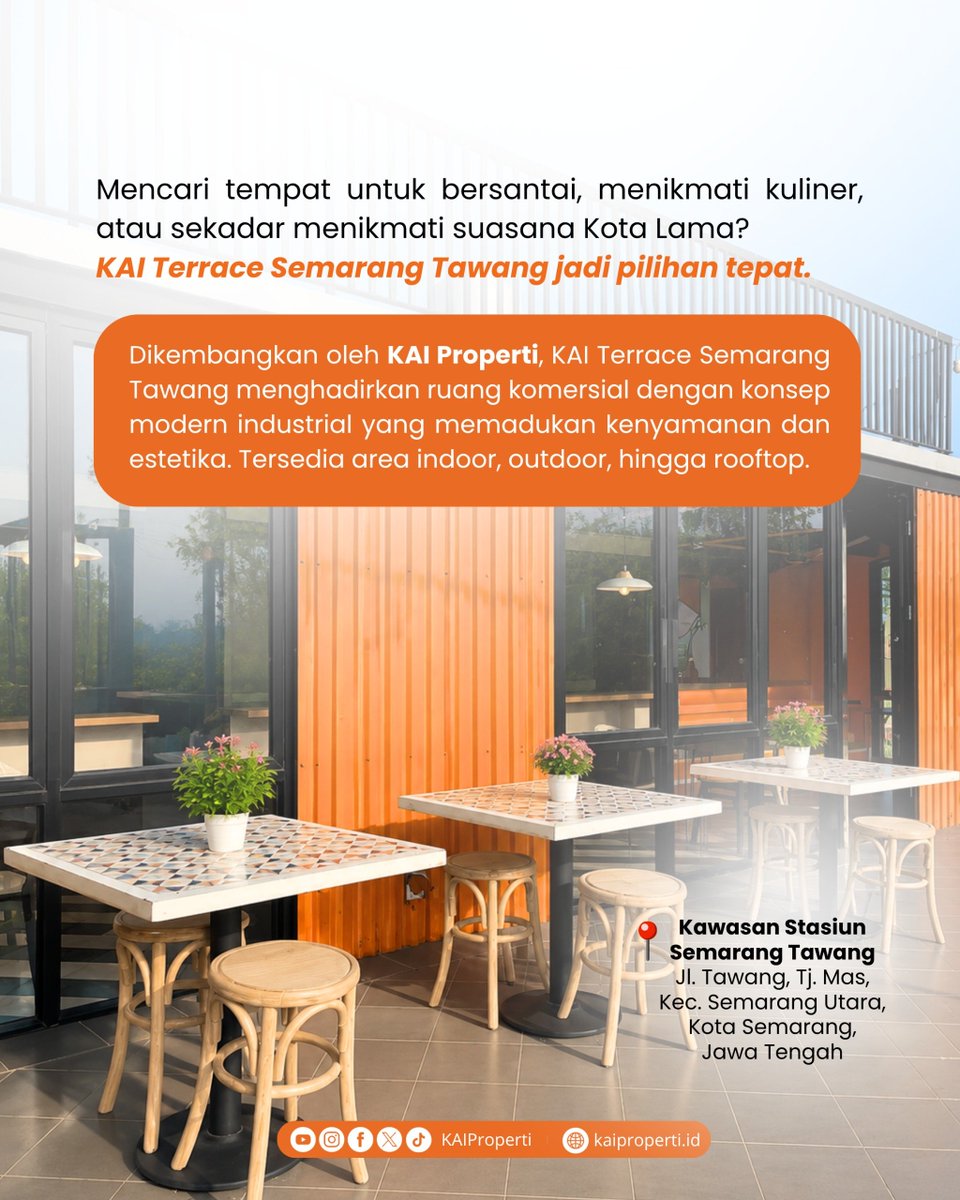 KAIProperti's tweet photo. Setiap momen akan terasa lebih berkesan ketika dinikmati di tempat yang tepat. ☕

KAI Terrace Semarang Tawang siap menemani quality time, work from café, maupun berkumpul bersama keluarga dan sahabat. Sudah pernah mampir?

#KAIProperti #EssenceOfExcellence #SemakinMelayani https://t.co/xnrFLwZeCn