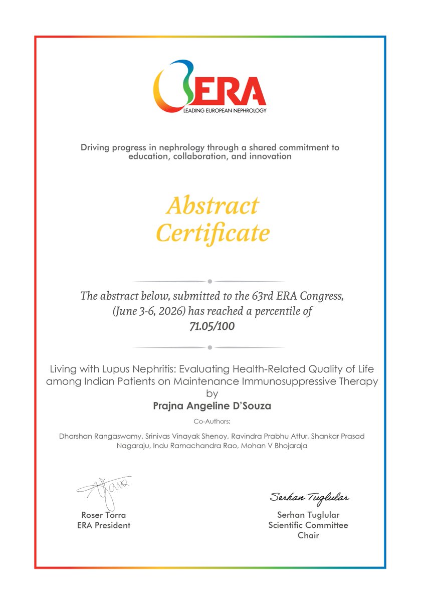 Nephrology_KMC's tweet photo. Congratulations to Ms. Prajna Angeline D'Souza on presenting her research at the 63rd European Renal Association (ERA) Congress 2026, held in Glasgow, UK, under the guidance of Dr Dharshan Rangaswamy.
@kmc_manipal @MAHE_Manipal 
#ERA2026 #Nephrology #LupusNephritis #QualityOfLife https://t.co/0IntwihC51
