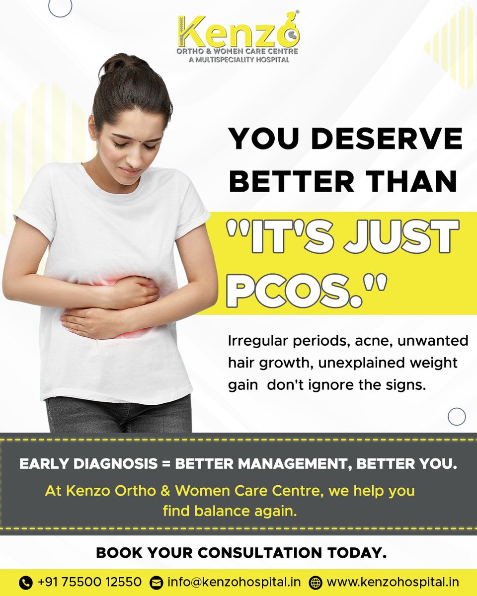 KenzoHospital's tweet photo. PCOS is more than irregular periods.

Early diagnosis and expert care can restore hormonal balance and improve your well-being. Trust Kenzo Ortho &amp; Women Care Centre for personalized support.

#pcos #pcosawareness #womenshealth #gynecology #kenzohospital #healthcare #wellbeing https://t.co/Dj5jlwYEiH