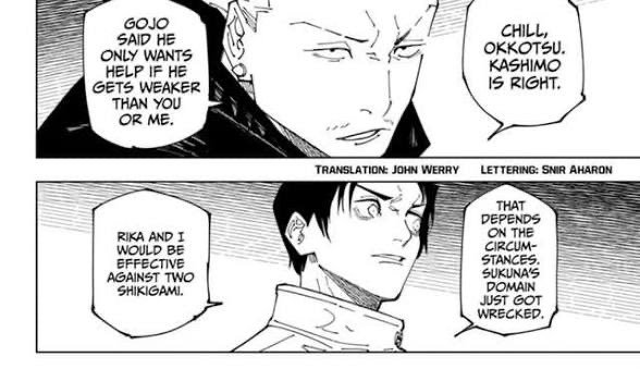 JolanChilly's tweet photo. Y ya se, ya se, el panel mas prostituido por el fandom de Hakari... Miren, este panel no confirma que Hakari sigue siendo relativo a Yuta. Gojo solo usa a ambos como referencias para intervenir, no dice que sean iguales. Compartir una función dentro del plan no significa igualdad https://t.co/jE16xG9Fpd