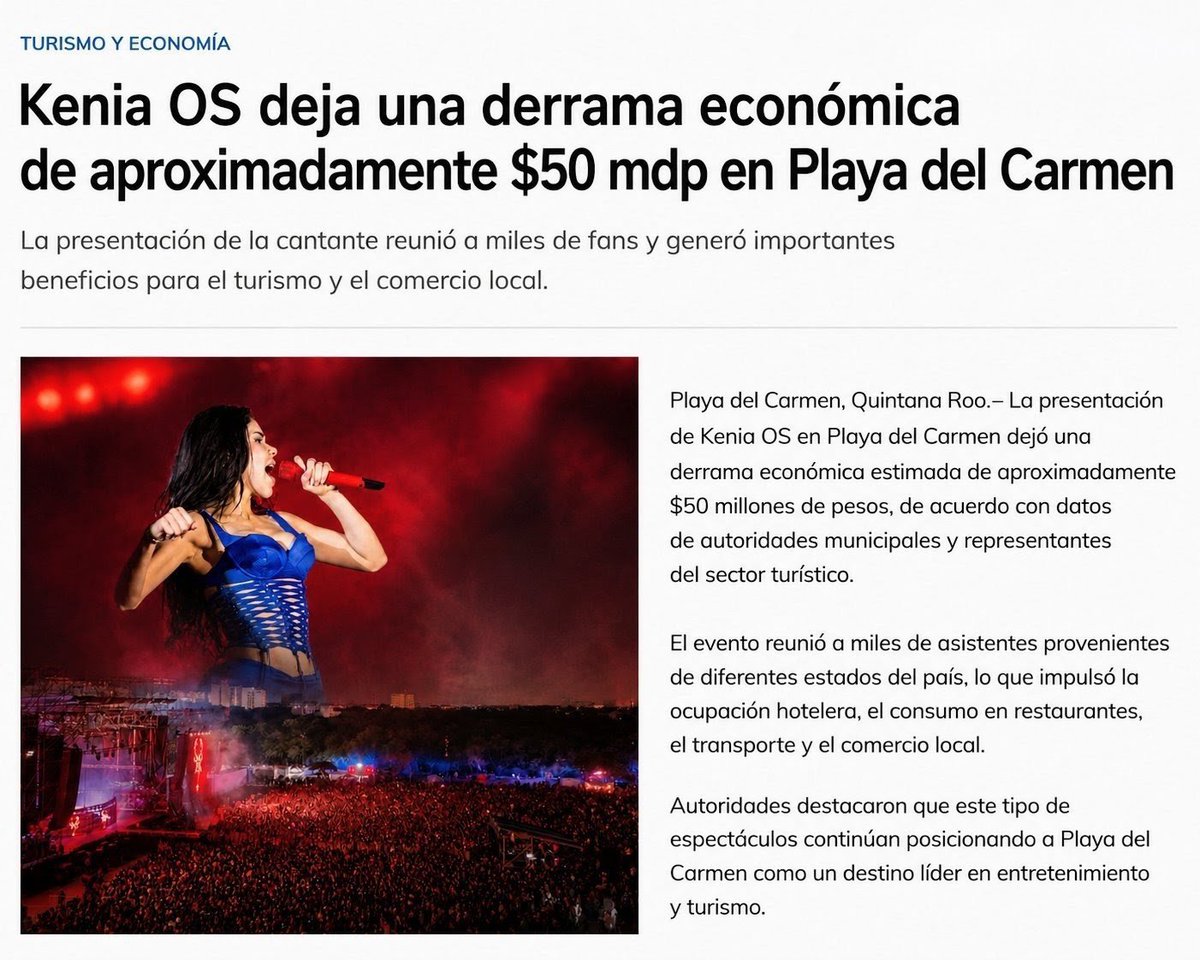 KeniaOsInfo_'s tweet photo. Kenia Os dejó una derrama económica de aproximadamente $50 MILLONES de pesos en Playa del Carmen, impulsando la ocupación hotelera, el consumo en restaurantes, el transporte y el comercio local. https://t.co/jAQCSNbwRj