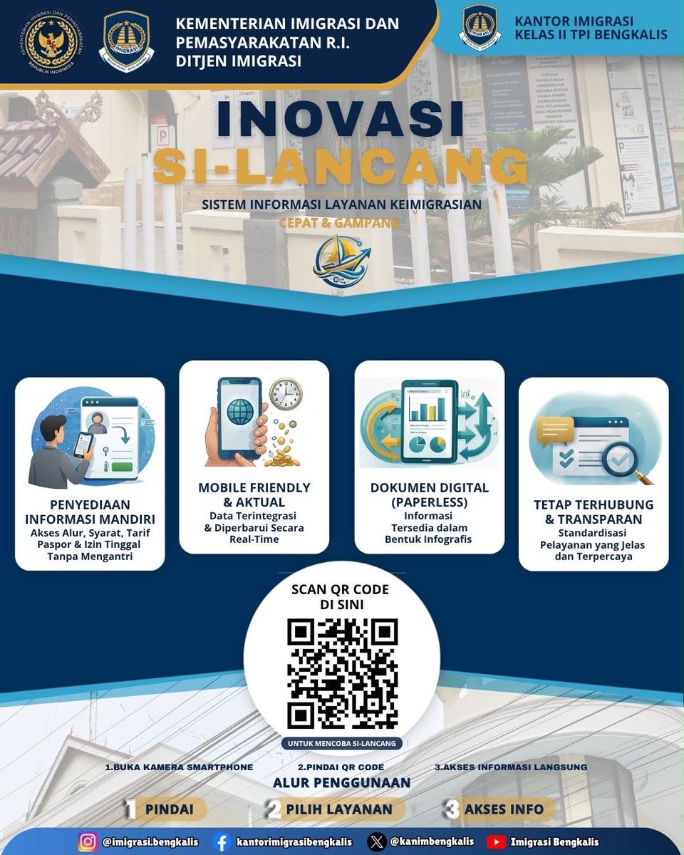 kanimbengkalis's tweet photo. Hai Sobat Mido!

Kini akses informasi seputar keimigrasian di Kantor Imigrasi Kelas II TPI Bengkalis makin praktis, transparan, dan tanpa ribet! 

Telah hadir SI-LANCANG (Sistem Informasi Layanan Keimigrasian Cepat dan Gampang) pusat informasi digital berbasis QR Code interaktif. https://t.co/RJU9o62e5u