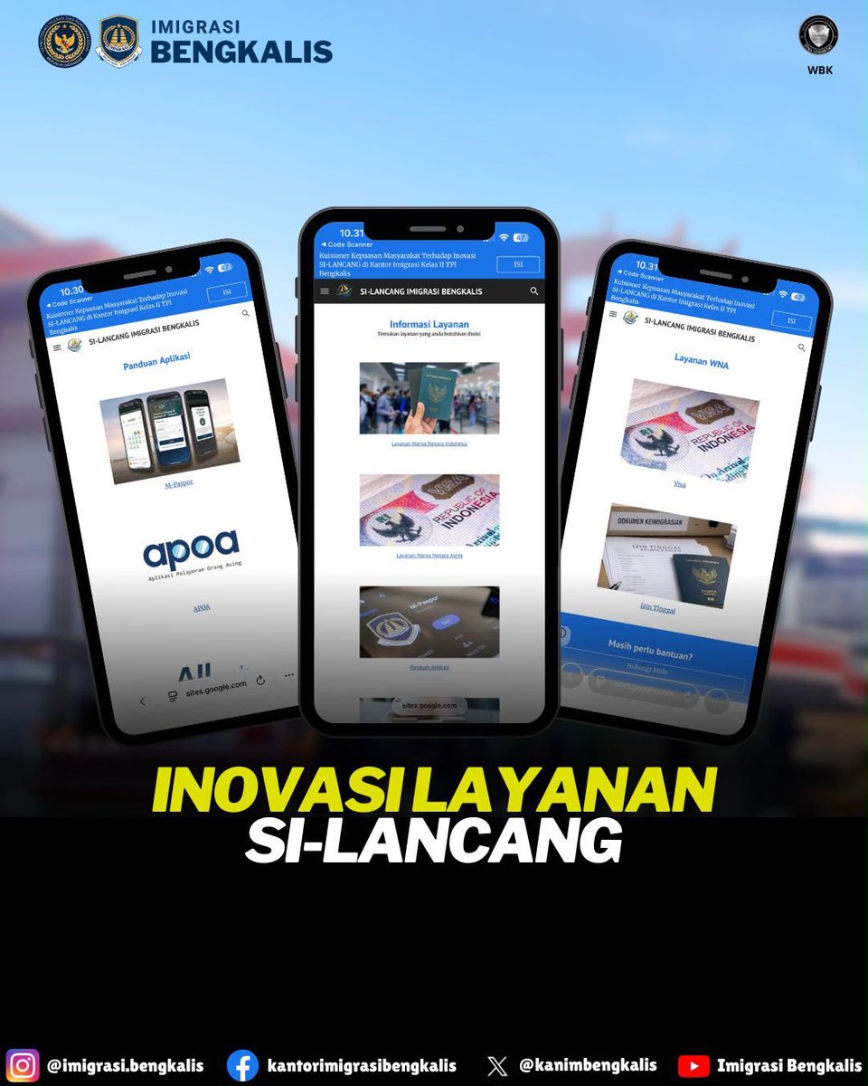 kanimbengkalis's tweet photo. Hai Sobat Mido!

Kini akses informasi seputar keimigrasian di Kantor Imigrasi Kelas II TPI Bengkalis makin praktis, transparan, dan tanpa ribet! 

Telah hadir SI-LANCANG (Sistem Informasi Layanan Keimigrasian Cepat dan Gampang) pusat informasi digital berbasis QR Code interaktif. https://t.co/RJU9o62e5u