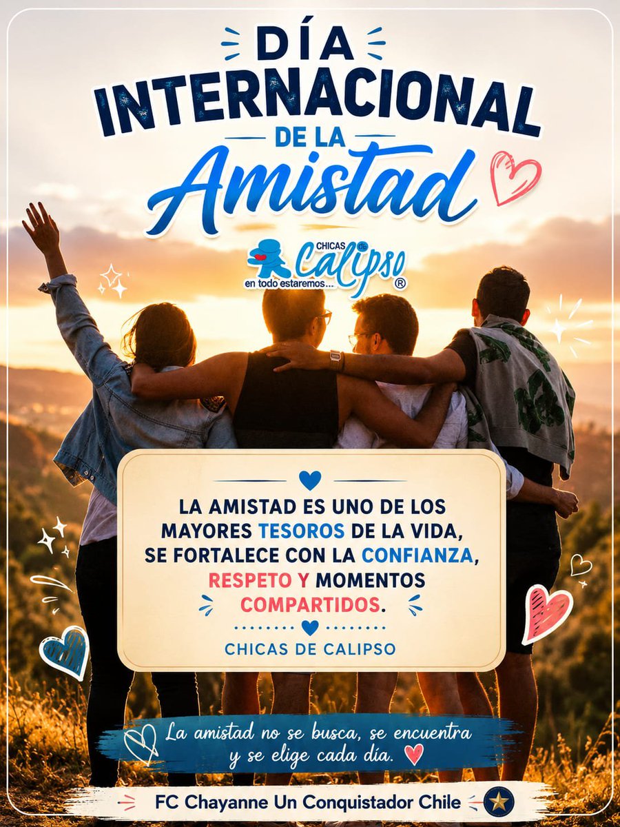 CHICASDECALIPSO's tweet photo. ¡Feliz Día Internacional de la Amistad! 🤗🎊🎉
Estamos profundamente agradecida por su amistad. Han sido el apoyo y la luz en todo momento. Gracias por estar siempre. Cariños abrazo desde #AricaAPuertoWilliams #FcChayanneUnConquistadorChile 
@CHAYANNEMUSIC 
🤗🙌🤗🙌 https://t.co/vHvdIuLWkZ