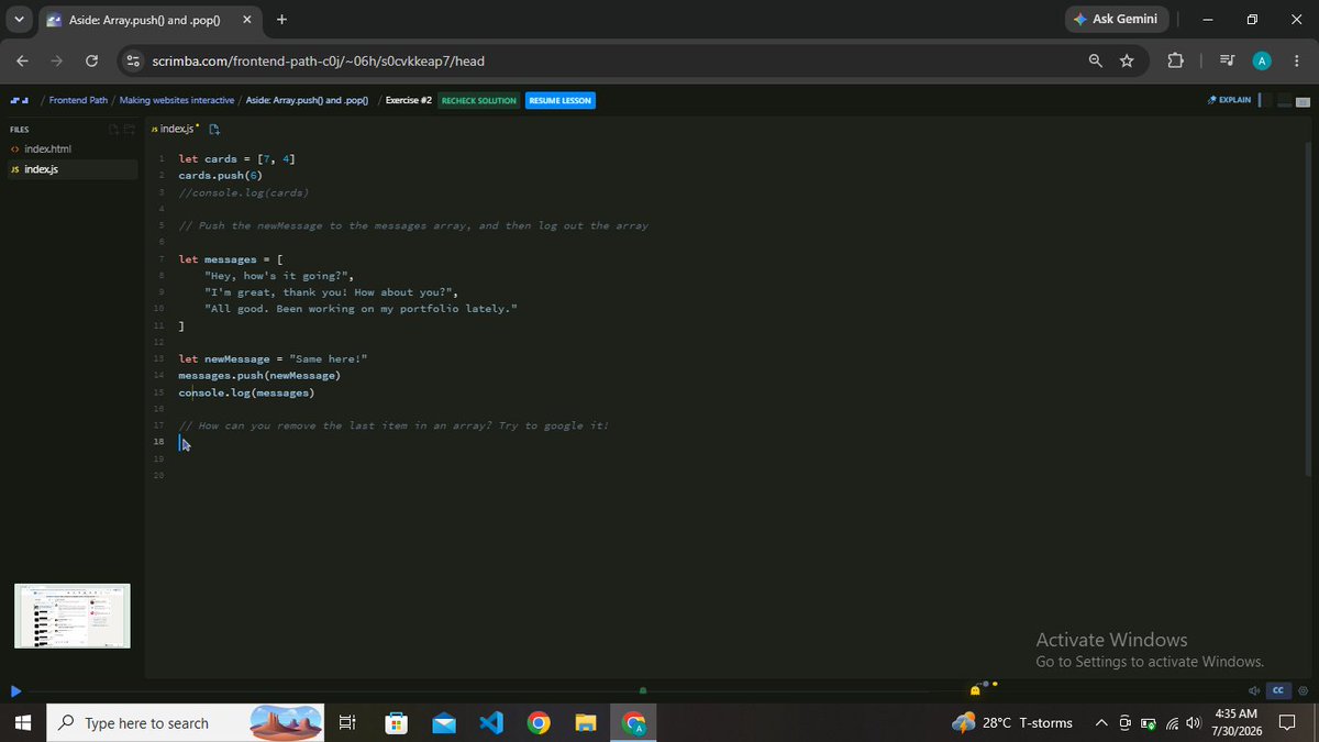 tan_codez's tweet photo. Day 315 of my tech Journey:
Still on JavaScript, I learned;
Arrays
push() & pop()
Introduction to loops (for loops)
Slowly building stronger JavaScript fundamentals, one day at a time.
#JavaScript #BuildInPublic #FrontendDeveloper #100DaysOfCode https://t.co/GW6utsHHH1