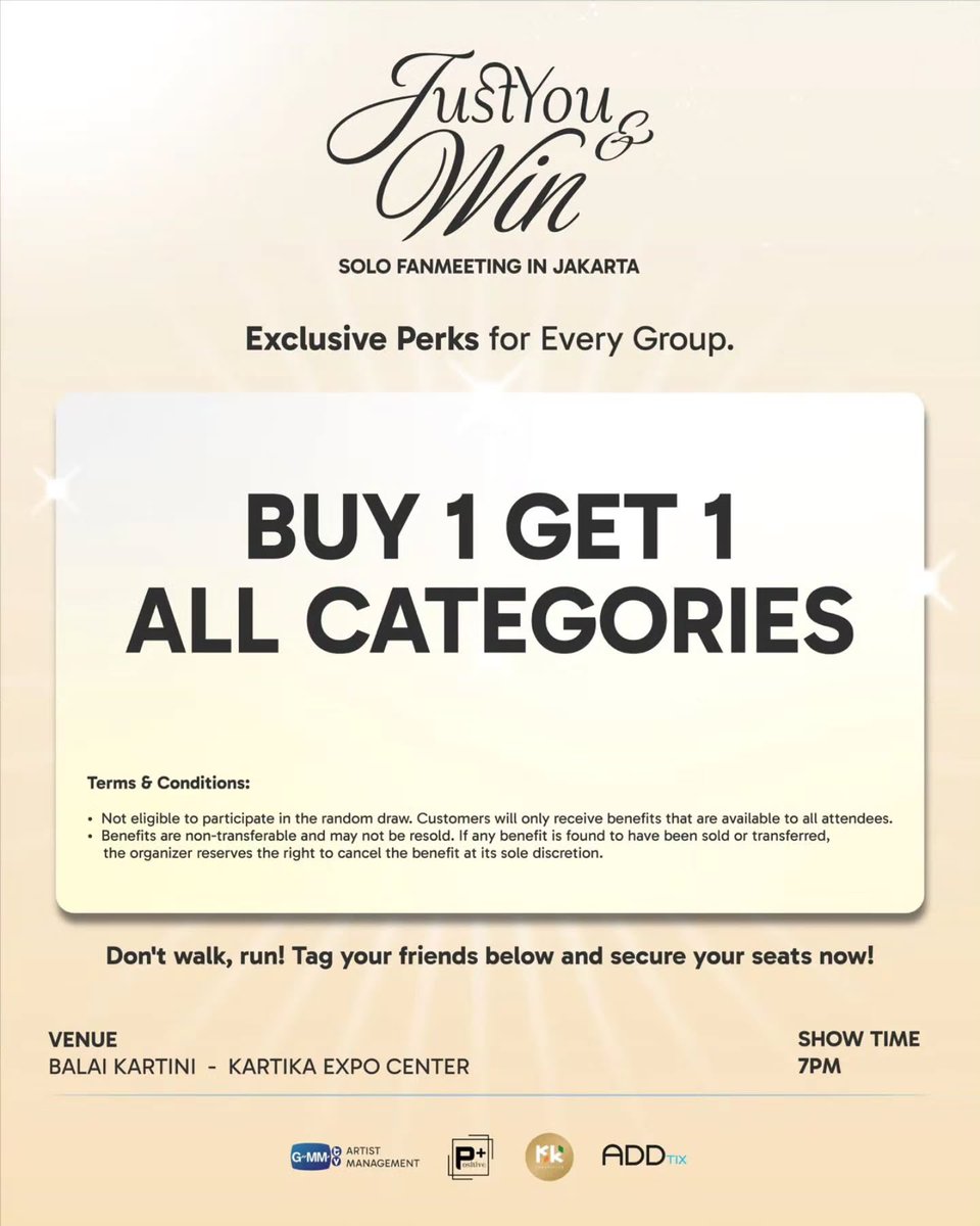 WinmetawinO's tweet photo. ✨ A Special Gift for You, From Us ✨

To thank everyone for your incredible support, we've made your JUST YOU AND WIN Solo Fanmeeting in Jakarta experience even more special!

As a token of appreciation for our early ticket buyers, everyone who purchased tickets between 1 June - 1 July 2026 will receive ONE (1) FREE ticket in the same category as their original purchase.

Please note: The complimentary ticket is for event admission only and does not include any fan benefits or event benefits, including ALL Benefits and Random Draw Benefits.

In addition, we've updated our Fan Benefits with even more opportunities to enjoy Private Photo, Group Photo, and other exclusive fan interactions with Win Metawin.

🎟️ BUY 1 GET 1 FREE Tickets
• Receive all "ALL" Fan Benefits according to the original purchased ticket category.
• The FREE ticket is admission only and is not eligible for any fan benefits.
• Not eligible for Random Draw Benefits, including Fan Sign, Pre-Signed Poster, Private Photo, Group Photo, Signed Polaroid, and all other raffle-based benefits.

Swipe through the updated Fan Benefits chart and discover even more chances to create unforgettable memories with Win Metawin! ✨

📍 Balai Kartini - Kartika Expo Center, Jakarta
📅 1 August 2026
🎟️ Tickets: @addtix or https://t.co/EFkoftgD1g

Thank you for your trust and support. We can't wait to see you this Saturday! 💙

#YOUANDWINinJKT
#WinMetawin