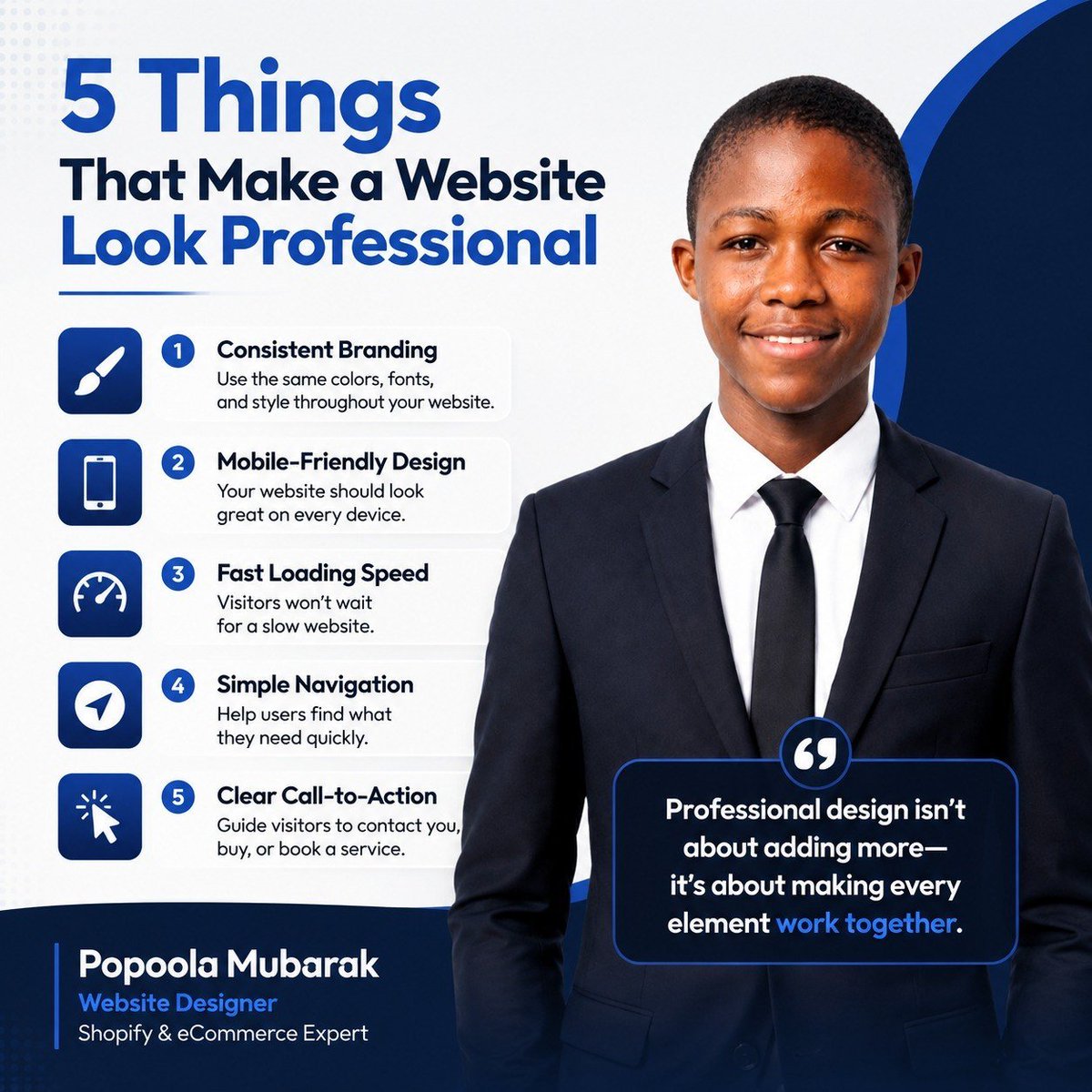Shopifyex's tweet photo. A professional website isn't just about looks.

It should have:
✅ Consistent branding
✅ Mobile-friendly design
✅ Fast loading speed
✅ Simple navigation
✅ A clear call-to-action

"Great design builds trust before you say a word."

#WebDesign #WebsiteTips #Shopify #fypppppp https://t.co/oPg4nVk0bn