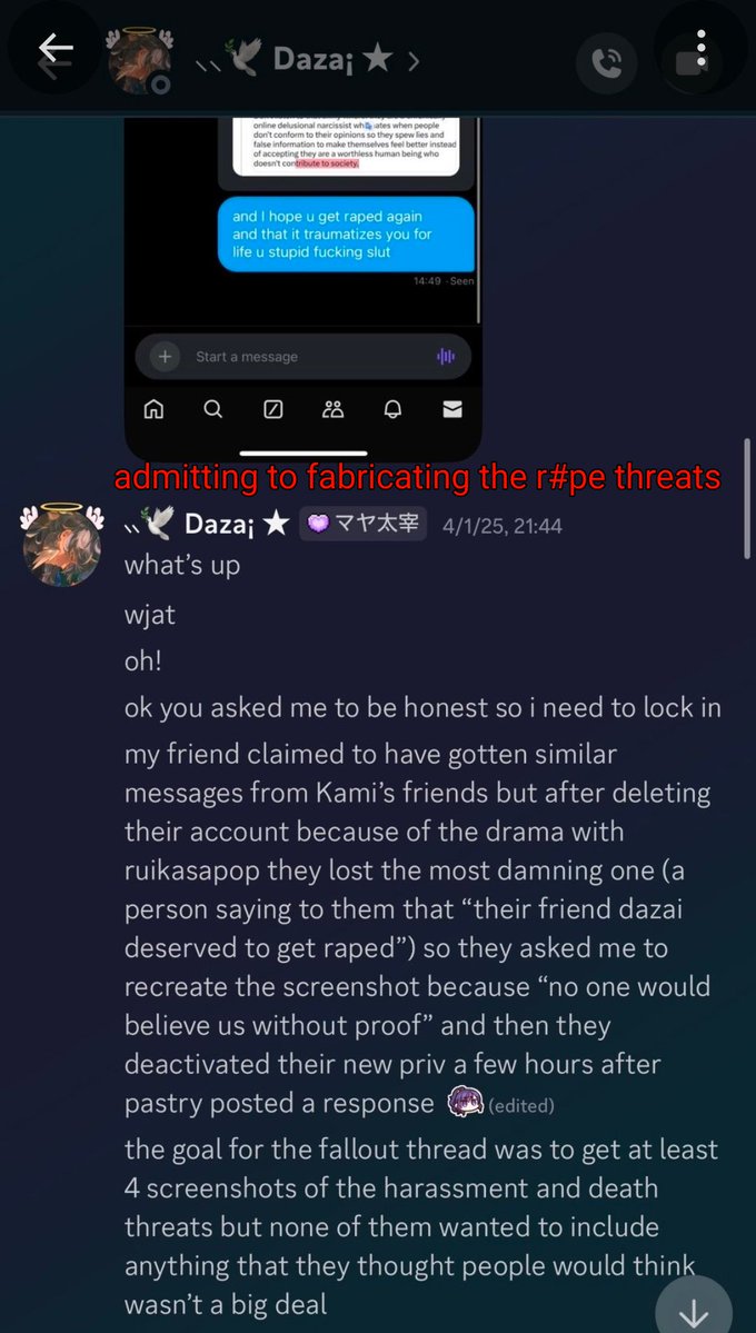 burnercore46's tweet photo. 📬DM submission

Dazaichu made fabricated SA threats which shows he has a history of fake screens, lied about not being a minor, then lied about being 16 when he was 17. 

Dazaichu lied about either being older or younger than he is currently very concerning. 🧵 https://t.co/NpeKJ7GA7Y