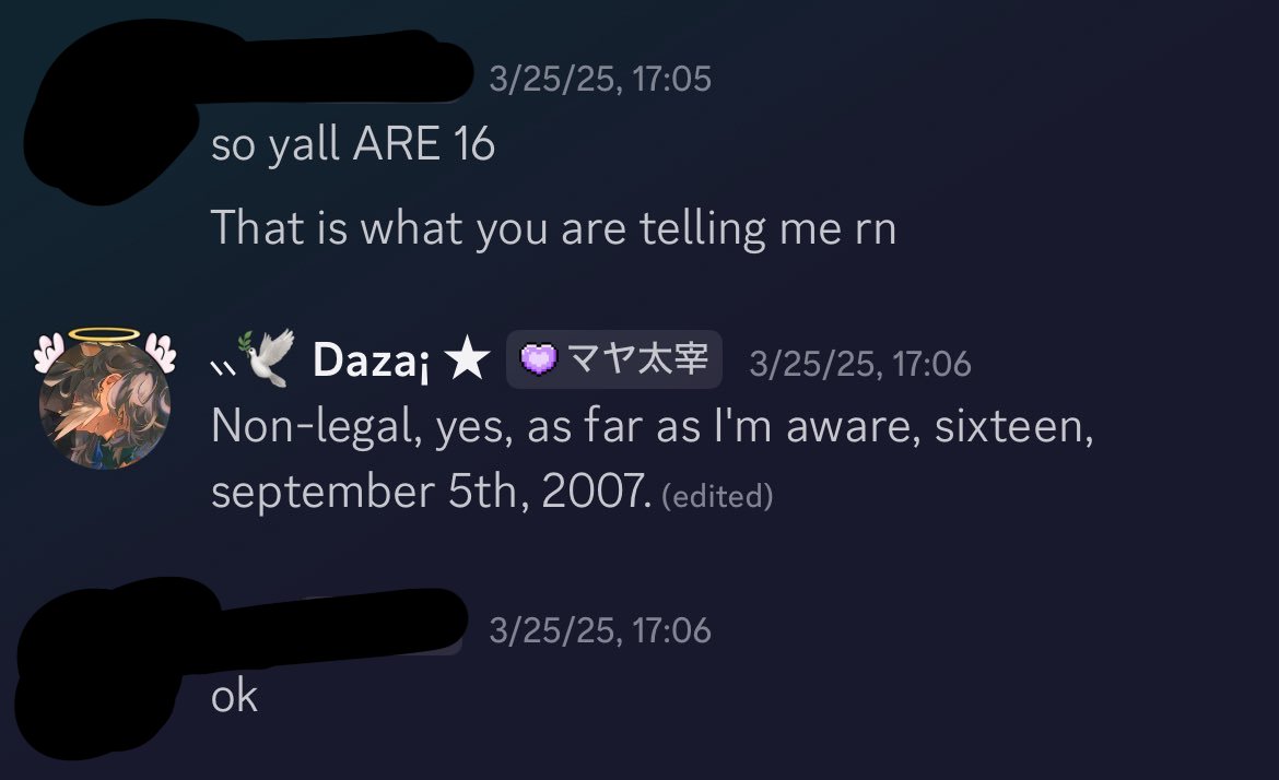 burnercore46's tweet photo. 📬DM submission

Dazaichu made fabricated SA threats which shows he has a history of fake screens, lied about not being a minor, then lied about being 16 when he was 17. 

Dazaichu lied about either being older or younger than he is currently very concerning. 🧵 https://t.co/NpeKJ7GA7Y