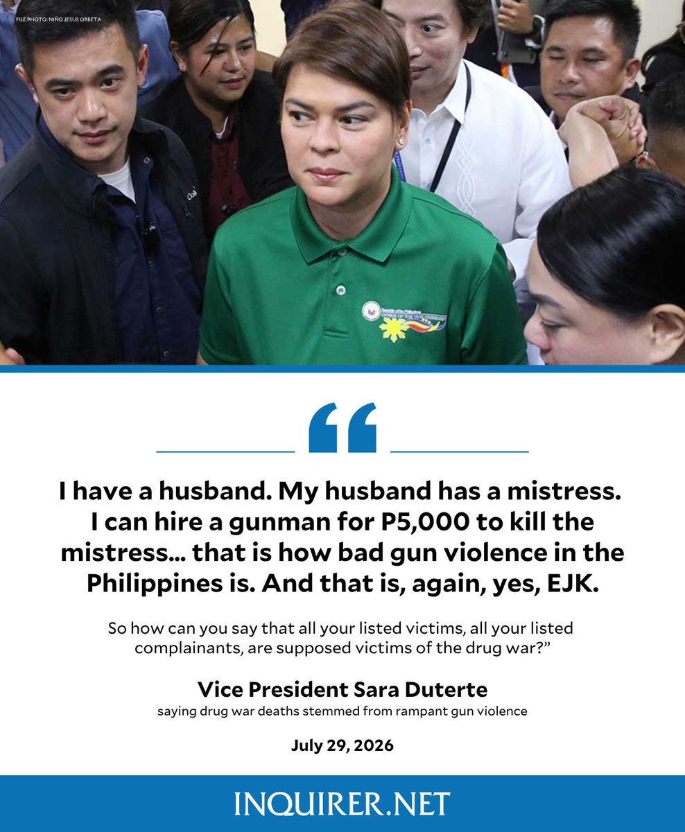 inquirerdotnet's tweet photo. ‘I CAN HIRE A GUNMAN FOR P5K TO KILL THE MISTRESS… THAT IS HOW BAD GUN VIOLENCE IN PH IS’

Vice President Sara Duterte asserted that the deaths linked to her father, former President Rodrigo Duterte’s anti-drug campaign were driven by the country’s rampant gun violence, claiming that hiring a gunman could only cost a person P5,000 per hit.

READ MORE: https://t.co/8KOoypP9VE