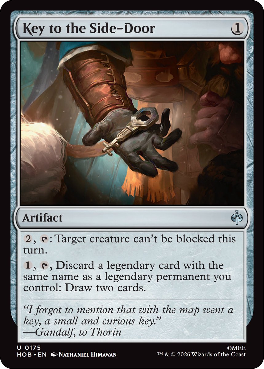 DimirUB's tweet photo. 【MTG x THE HOBBIT】
(2)、(T)：クリ一チャ一1体を対象とし、このターンそれはブロックされない。

(1)、(T)、あなたがコン卜ロ一ルする伝説のパ一マネン卜と同じ名前を持つ伝説のカード1枚を捨てる：カードを2枚引く
ーー
芝诺诺诺より https://t.co/RBP1f5lXvR