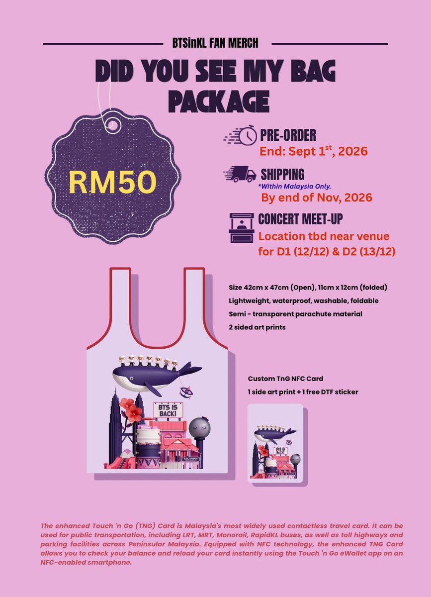 MY_btsarmy's tweet photo. ✨ #BTSinKL Fan Merch Specifications

Knock knock, ARMY~ Here our official Fan Merch specifications. We hope these special keepsakes become something you’ll treasure for years to come. ✨

Pre-Orders Open Now
🛒 https://t.co/ld63uqQq3n
📦 Shipping start end Nov
📅 End: September 1st

Disclaimer: Every purchase makes a difference. 100% of the profits will go directly toward funding our BTSinKL fan projects, helping us bring these projects to life for MyARMY. Thank you for your support! 💜