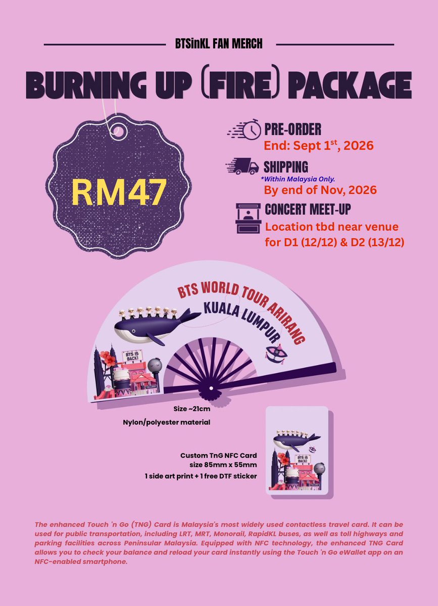 MY_btsarmy's tweet photo. ✨ #BTSinKL Fan Merch Specifications

Knock knock, ARMY~ Here our official Fan Merch specifications. We hope these special keepsakes become something you’ll treasure for years to come. ✨

Pre-Orders Open Now
🛒 https://t.co/ld63uqQq3n
📦 Shipping start end Nov
📅 End: September 1st

Disclaimer: Every purchase makes a difference. 100% of the profits will go directly toward funding our BTSinKL fan projects, helping us bring these projects to life for MyARMY. Thank you for your support! 💜