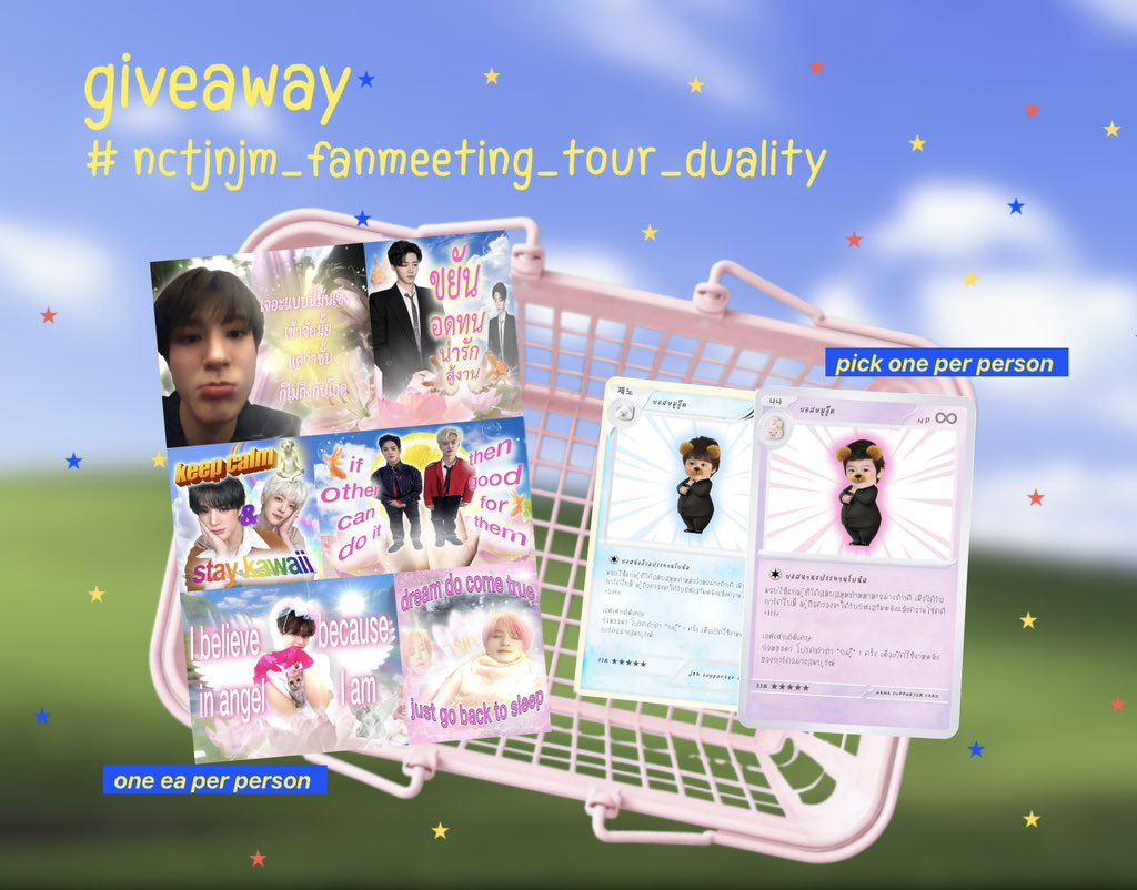 juseuynn's tweet photo. pls kindly rt 
giveaway for #NCTJNJM_FANMEETING_TOUR 🐰🐶
sticker sheet &amp; photocard :🥚33 

📆 8-9 aug  
⏱️tba 
@ impact arena

pls rt &amp; show this tweet ♡ 

#NCTJNJM_FANMEETING_TOUR_DUALITY
#NCTJNJM_FANMEETING_TOUR_in_BKK   #NCTJNJM_FANMEETING_TOUR_BANGKOK https://t.co/2OiP9SKD1j