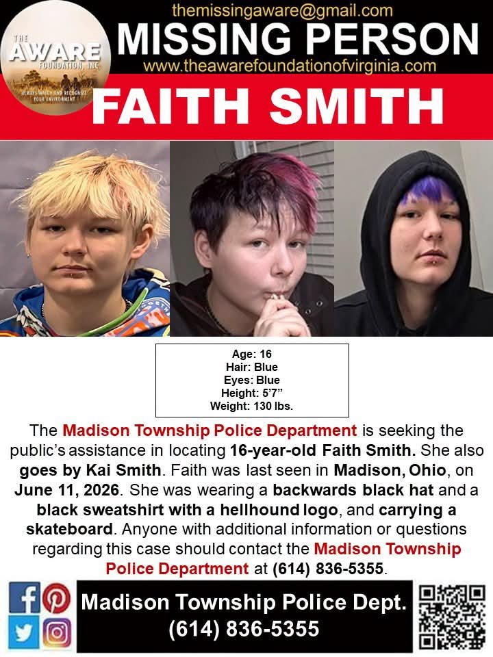 aware_the's tweet photo. 🚨 MISSING JUVENILE – PLEASE SHARE 🚨

The Madison Township Police Department is asking for the public's help in locating 16-year-old Faith Smith, also known as Kai Smith.

Faith was last seen in Madison, Ohio, on June 11, 2026. At the time, Faith was wearing:
🧢 A backwards black hat
🖤 A black sweatshirt with a hellhound logo
🛹 Carrying a skateboard

If you have any information about Faith's whereabouts, no matter how small it may seem, please contact the Madison Township Police Department at (614) 836-5355 immediately.

Please share this post to help spread the word. Your share could reach someone with the information needed to bring Faith home safely.

#MissingJuvenile #MissingPerson #FaithSmith #KaiSmith #MadisonOH #Ohio #BringThemHome #ShareToHelp