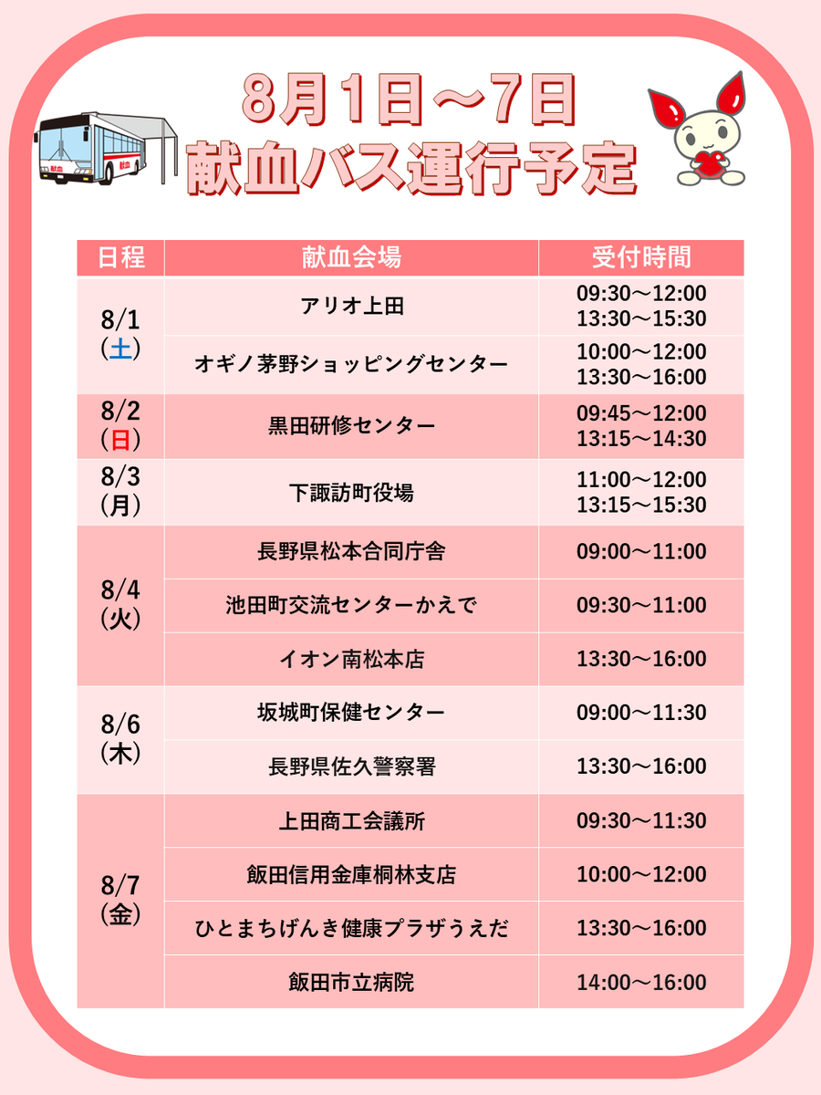 nagano_bc_jrc's tweet photo. 厳しい暑さが続きますが、今週も献血バスは県内各地へ伺います🚌
みなさまのご協力をお待ちしております🤗
【看護師からのお願いはこちらのURLから！】→https://t.co/kCMMe9wb41 https://t.co/fIJ3i4vREd
