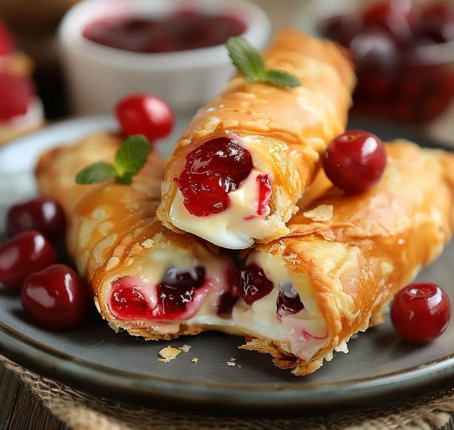 ann_ann886's tweet photo. Cherry Cheesecake Egg Rolls

Serves: 16–18 • Prep: 20 minutes • Fry: 10 minutes • Total: ~30 minutes

Ingredients
16–18 egg roll wrappers
Neutral oil for frying (about 4 cups; canola/peanut/vegetable)
Cheesecake filling
8 oz (225 g) cream cheese, softened
1/3 cup granulated sugar
1 tsp vanilla extract
1 tsp lemon juice
Pinch of salt
1/2 cup cold heavy cream (or 1/2 cup sour cream for tangier)
Cherry layer
1 1/2 cups cherry pie filling (or homemade; see note)
Optional: 1/2 tsp almond extract to stir into the cherries
For sealing and finish
1 egg beaten with 1 tbsp water (or water only)
Cinnamon sugar (1/3 cup sugar + 1 tsp cinnamon) or powdered sugar
Optional dips: warm chocolate sauce or vanilla glaze
Homemade quick cherry filling (optional, 10 minutes)
2 cups pitted cherries (fresh or frozen, thawed)
1/3 cup sugar
1 tbsp lemon juice
1 tbsp cornstarch mixed with 1 tbsp cold water
Pinch salt Simmer cherries, sugar, lemon, and salt 3–4 minutes. Stir in slurry; cook 1–2 minutes until glossy and jammy. Cool fully.

Instructions
Make the cheesecake filling
Beat cream cheese, sugar, vanilla, lemon juice, and salt until smooth.
Whip heavy cream to soft peaks and fold in (or whisk in sour cream until silky). Chill 10 minutes so it firms slightly.
Set up
Keep wrappers under a barely damp towel. Prepare a small bowl of egg wash and a parchment‑lined tray.
Fill and roll
Place a wrapper like a diamond. Spread 1 heaping tablespoon of cheesecake filling in a short log near the bottom corner. Spoon 1 tablespoon cherries on top (avoid excess syrup—thick is best).
Fold the bottom corner over filling, then fold in both sides snugly. Roll up tightly, pressing out air. Brush the top corner with egg wash and seal. Repeat. If any look damp, chill 10 minutes to help seal.
Fry
Heat 2–3 inches of oil to 350–360°F (175–182°C) in a heavy pot.
Fry 3–4 egg rolls at a time, 1½–2 minutes per side, until deeply golden. Transfer to a wire rack (or paper towels). Immediately dust with cinnamon sugar or let cool slightly and sprinkle with powdered sugar.
Air fryer or oven
Air fryer: Lightly mist rolls with oil. Cook at 380°F (193°C) for 8–10 minutes, turning once and misting again, until golden.
Oven: Brush with melted butter/oil; bake at 425°F (220°C) 12–15 minutes, turning once. Finish with sugar while warm.
Serve
Let rest 5 minutes (centers are hot). Serve warm with chocolate sauce or vanilla glaze for dipping.

Tips for no-leak, super-crisp rolls
Use thick, cooled cherry filling; excess syrup causes blowouts.
Roll tight and seal well; double‑seal the seam if needed.
Drain on a rack for maximum crunch.
For extra crunch: add 2–3 tbsp crushed graham crackers to the cheesecake mix or sprinkle inside before rolling.
Make-ahead and freezing
Assemble and freeze on a tray until solid; store in a freezer bag up to 2 months. Fry from frozen at 350°F for 3–4 minutes, or air‑fry 10–12 minutes at 380°F.
Simple vanilla glaze (optional)
1/2 cup powdered sugar + 1–2 tsp milk + 1/4 tsp vanilla; whisk smooth and drizzle over warm rolls.