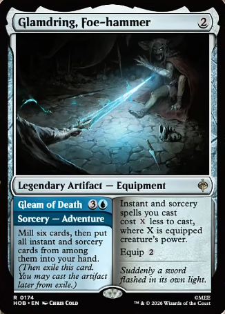 DimirUB's tweet photo. 【MTG x THE HOBBIT】
カードを6枚切削する、その後、その中から全てのインスタントとソーサリーカードをあなたの手札に加える。
ーー
あなたがインスタントやソーサリーである呪文を唱えるためのコストは(X)少なくなる。Xは装備しているクリ一チャ一のパワーに等しい。

装備 (2)
ーー
Yamina Amaneより