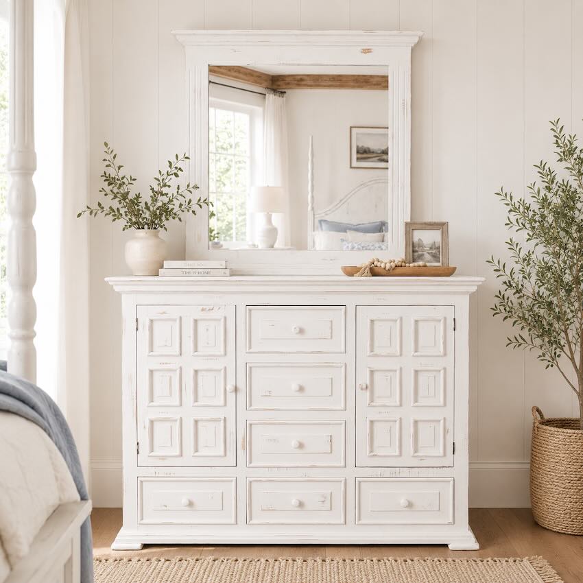 DallasFurn's tweet photo. The Cottage Grove White Farmhouse Bedroom Set features all-wood rustic construction, a distressed white finish, a statement four-post bed and smooth ball-bearing drawer glides.
 https://t.co/1D9j71FsBz
#FarmhouseFurniture #BedroomSet #DallasFurniture https://t.co/uVa7Oablwb