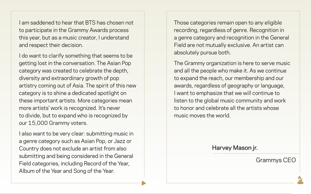 mintmag_th's tweet photo. ชัดเจน! #BTS ประกาศไม่ยื่นเข้าชิง 2027 Grammy Awards โดยเหล่าสมาชิกทั้ง 7 ออกมาโพสต์ข้อความผ่าน IG Story ส่วนตัวสื่อว่าตัดสินใจไม่ส่งผลงานเข้าชิงในปีนี้ก่อนกล่าวว่าแทนที่ดนตรีจะถูกแบ่งแยกจากภาษาหรือภูมิภาค พวกเขาหวังว่าดนตรีจะเป็นสิ่งที่ผู้คนจะฟังและรักด้วยตัวดนตรีเอง ถือเป็นมูฟเม้นท์ใหญ่หลังโซเชียลมองว่าพวกเขาคือตัวเต็งในหลายสาขาบนเวทีใหญ่คราวนี้ รวมถึงสาขา Best Asian Pop Music Performance ที่เพิ่งประกาศเป็นสาขาใหม่ในช่วงกลางเดือนมิถุนายนที่ผ่านมา ทางด้าน CEO Grammy อย่าง Harvey Mason jr. ออกมาโพสต์ว่า แม้เสียใจที่ BTS ไม่สืงผลงานเข้าชิงแต่ก็เข้าใจในฐานะคนทำดนตรีเหมือนกัน ก่อนชี้แจงว่า การเพิ่มสาขา Asian Pop ไม่ใช่การแบ่งแยกแต่คือการเพิ่มโอกาสให้ผลงานได้รับการยอมรับมากขึ้น การเข้าชิงในสาขาอื่นไม่ถูกตัดโอกาสในการเข้าชิงรางวัลใหญ่ อย่าง Record of the Year, Song of the Year และ Album of the Year แน่นอน💚

#GRAMMYs
#MintMagTH