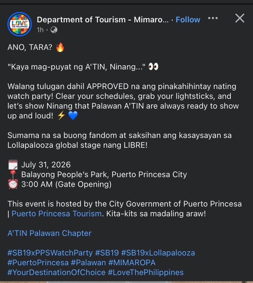 krstnrrae's tweet photo. There will be Lollapalooza watch Party in Palawan 😭 grabe yonnnn!!

Check fb:
https://t.co/2coruvAOsW

@SB19Official #SB19
@TourismPHL https://t.co/74THkHd213