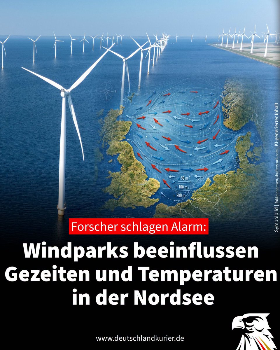 daniel_gugger's tweet photo. 888 Forscher schlagen Alarm: 

Windparks beeinflussen Gezeiten und Temperaturen in der Nordsee

Windparks können laut einer neuen wissenschaftlichen Studie deutscher Forscher die Gezeitenströmungen in der Nordsee dramatisch verändern – mit noch unabsehbaren Folgen für die Umwelt

Aus der Nordsee soll mit immer mehr Windkraftanlagen auf See (Offshore) ein europäisches Großkraftwerk werden. 

„Unser Ziel ist es, den größten Energie-Hub der Welt zu entwickeln“, erklärte Bundeswirtschaftsministerin Katherina Reiche (CDU) am 26. Januar beim Nordsee-Gipfel in Hamburg. 

Die aktuell rund 35 Gigawatt (GW) an installierter Leistung sollen bis zum Jahr 2050 auf mehr als 300 GW anwachsen.

Jetzt warnen Forscher des Helmholtz-Zentrums Hereon mit Sitz im schleswig-holsteinischen Geesthacht vor einem in seinen Auswirkungen noch gar nicht abschätzbaren Einfluss auf Luft- und Meeresströmungen – insbesondere auf die Gezeiten. 

Ihre Studie erschien kürzlich im Fachjournal Nature „Communications Earth & Environment“.

Windräder verändern Strömungen

Die inzwischen zu Tausenden installierten Offshore-Windkraftanlagen in der Nordsee haben demnach einen Effekt über und unter Wasser. 

Die Rotoren entziehen Windenergie und beeinflussen die Oberflächenströmungen. 

Unter der Wasseroberfläche hingegen stellen die Turbinenpfeiler Hindernisse dar und bremsen die Gezeitenströmungen, behindern den Sedimenttransport und erzeugen Turbulenzen.

Diese veränderten Strömungsmuster könnten den Forschern zufolge Risiken für die Umwelt bedeuten – etwa großräumige Veränderungen im Sediment-Transport betreffend die Verlagerung von Sand und Kies auf dem Meeresgrund sowie die Durchmischung des Meerwassers. 

Diese Auswirkungen beeinflussen laut Helmholtz-Zentrum auch das Meeresökosystem.

Windparks erwärmen das Wasser

Überdies verändern sogenannte „Wake-Effekte“ laut der Studie die Durchmischung von Luft und Wärme an der Meeresoberfläche. 

Bei diesen Nachlaufeffekten wird dem Wind Energie entzogen. 

Dies könne längerfristig zu einer Erwärmung der Wasseroberfläche von bis zu 0,2 Grad Celsius in Windparkgebieten führen, warnen die deutschen Forscher. 

Eine Studie aus den USA kam unlängst zu ähnlichen Ergebnissen.

#klima #klimawandel #nordsee #windpark #windrad