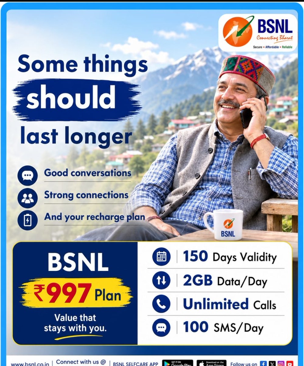 BSNL_HP's tweet photo. 📢 Stay connected for longer with the BSNL ₹997 Plan!
📷 150 Days Validity
📷 Unlimited Voice Calls
📷 100 SMS/Day
Experience uninterrupted conversations and reliable connectivity with BSNL.
#BSNL#ConnectingBharat #BSNL997 #LongValidity #UnlimitedCalls #Daily2GB #bsnlhp https://t.co/7hNlDBQvKx