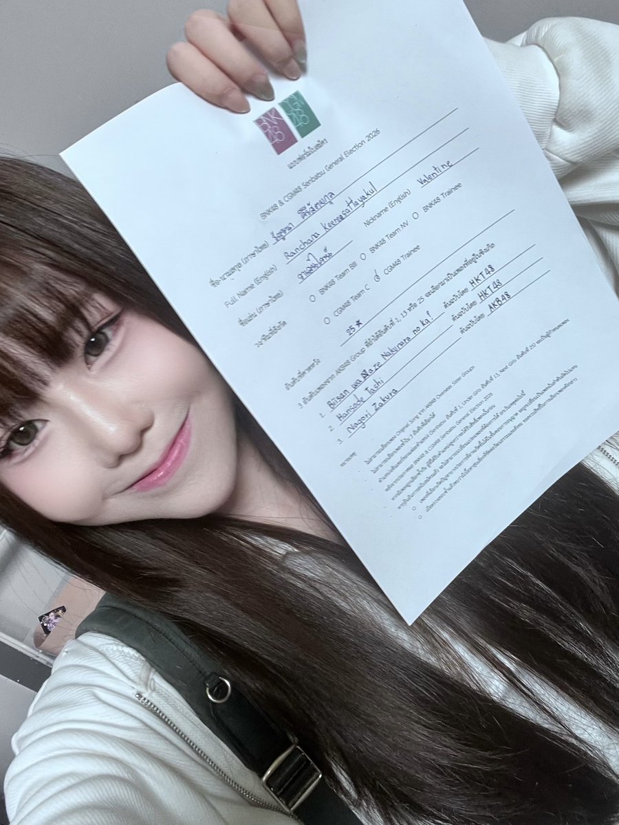 bnk48official's tweet photo. [💥🗳️] #BNK48CGM48_GE2026 

วาเลนไทน์–รัญชนา คีรีสัตยกุล (CGM48 Trainee) ได้ลงสมัคร BNK48 & CGM48 Senbatsu General Election 2026 เมื่อวันที่ 30 กรกฎาคม 2026 (11:09)

[เพลงที่ผู้สมัครต้องการเป็นเซ็นเตอร์]
1️⃣ Biisan wa Naze Nakunaru no ka? (HKT48)
2️⃣ Hansode Tenshi (HKT48)
3️⃣ Nagori Zakura (AKB48)

#ValentineCGM48 
#BNK48 #CGM48