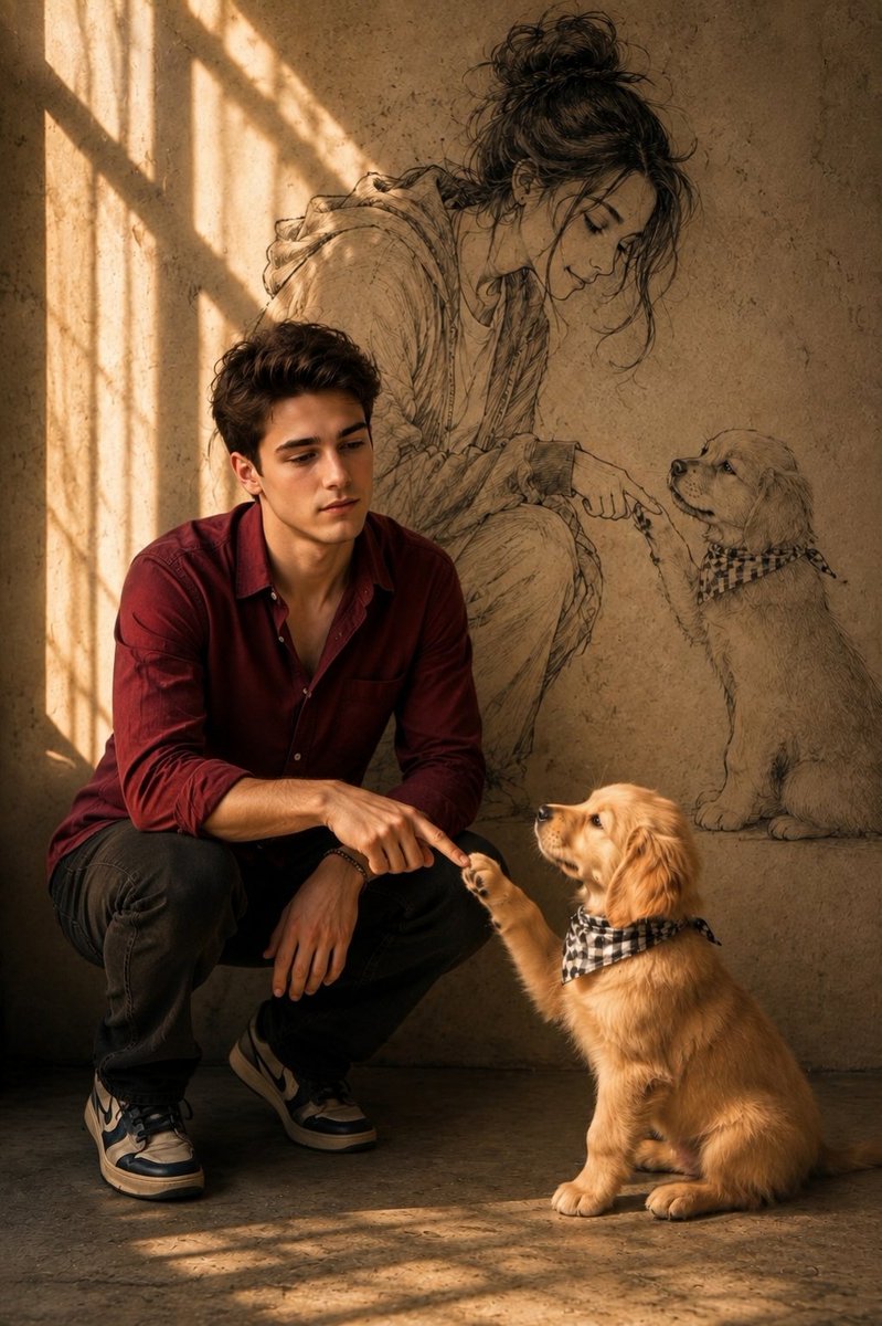 Man and Puppy With Wall Sketch