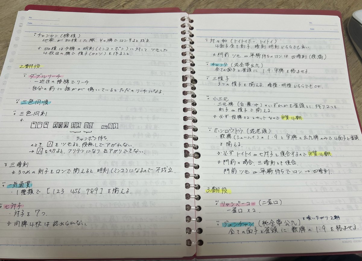 him_8184's tweet photo. 部屋の書棚整理してたら出てきた
麻雀始めたての頃書いたの
2枚目は、ベルバードのマンツーマンレッスンでうなさん ＠RonaldPersons に教えてもらったときにとったノート
知らない単語（くっつき、めいっぱいなど）やリーチ後のカンとか教えてもらった
懐かしい〜 https://t.co/kExL3I5g7M