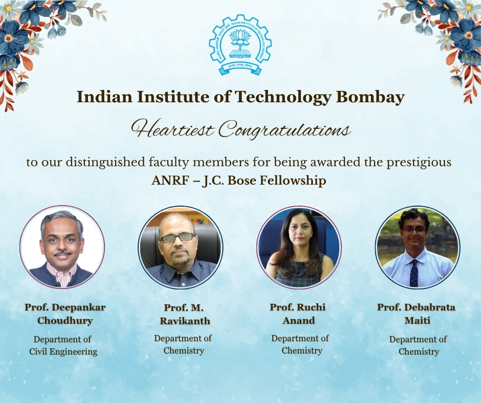 iitbombay's tweet photo. Congratulations to 
Prof. M Ravikanth, Department of Chemistry
Prof. Deepankar Choudhury, Department of Civil Engineering
Prof. Ruchi Anand, Department of Chemistry
Prof. Debabrata Maiti, Department of Chemistry
for having received recommendation for the prestigious J.C. Bose Fellowship from ANRF