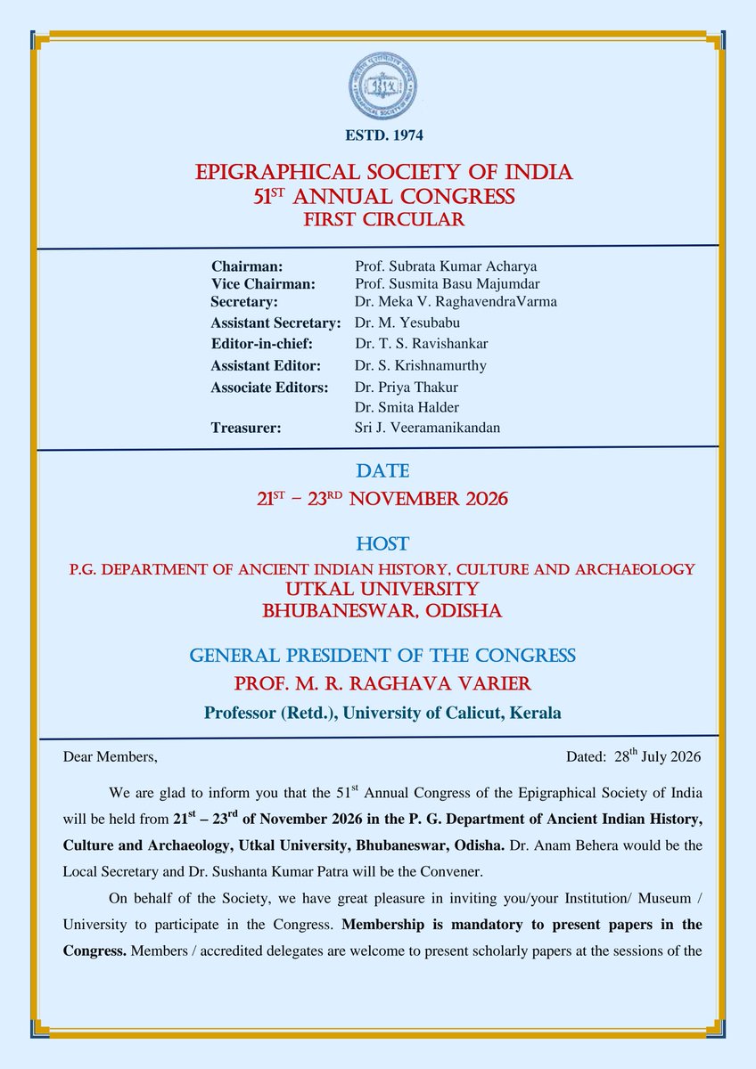 epigraphy_India's tweet photo. FIRST CIRCULAR 51st ESI &amp; 45th PNSI Annual Congress

Dates: 21st to 23rd November 2026  

Venue: Utkal University, Bhubaneswar, Odisha  

Hosted by: P.G. Department of Ancient Indian History, Culture and Archaeology, Utkal University, Bhubaneswar, Odisha. https://t.co/fDrHPqAU38