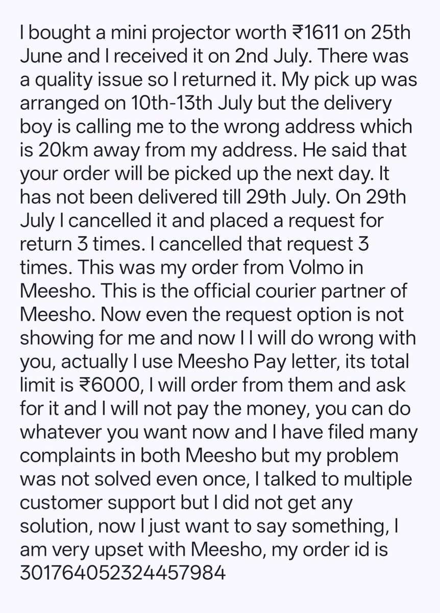 Arpit_offical39's tweet photo. Now the return request option has completely vanished! Multiple complaints &amp; CS calls, but NO help. Is this how you treat customers?
​Order ID: 301764052324457984
Fix this and refund my money immediately! @meesho_support #ConsumerHelpline #Meesho @consumercourtin https://t.co/fFNp5STrDV
